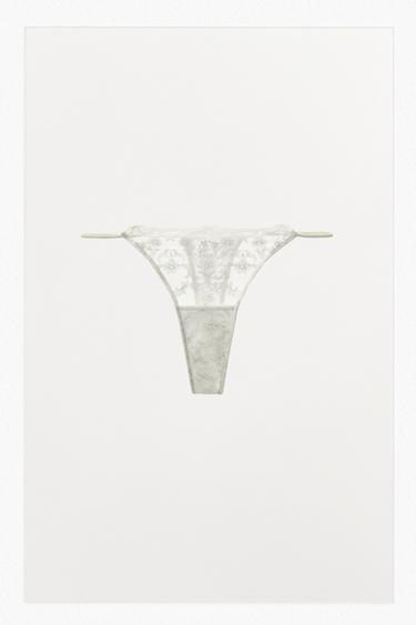 Zara EMBROIDERED LACE THONG - white