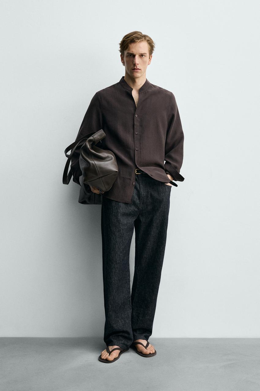 Zara - Flowy Band Collar Shirt - Brown - S - Man Zara - Flowy Band Collar Shirt - Brown - S - Man
