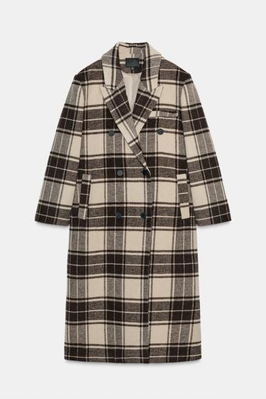 Zara EXTRA LONG PLAID WOOL COAT - SAND/BROWN