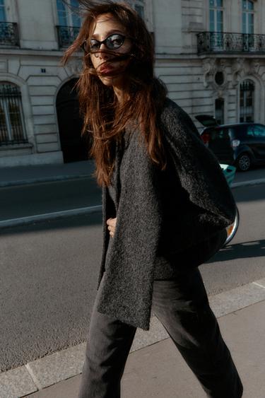 SHORT BOUCLÉ COAT WITH SCARF - Dark grey by Zara - Image 2