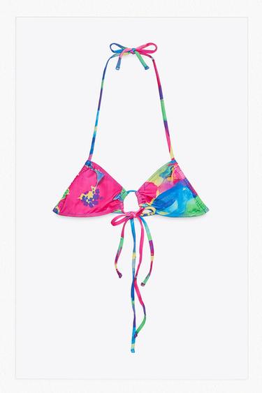 Zara PRINTED TIE BIKINI TOP - Blue