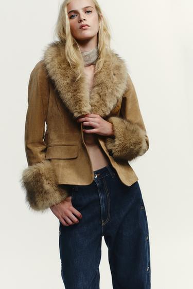 Zara TAILORED 100% SUEDE LEATHER BLAZER WITH FAUX FUR - Sand