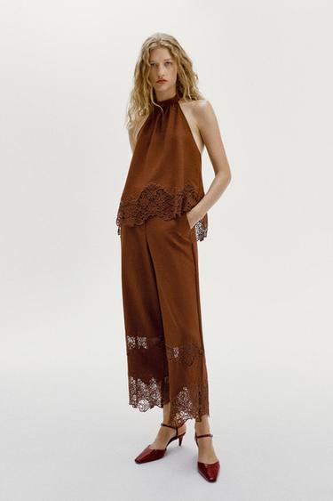 HALTER TOP WITH CUTWORK EMBROIDERY - Caramel by Zara - Image 0