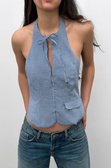 GINGHAM HALTER TOP - Navy / White by Zara