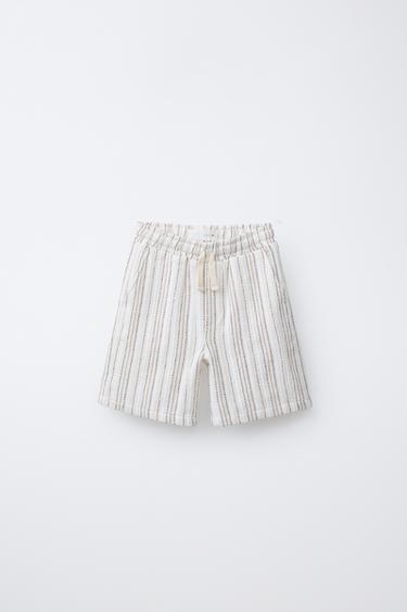 Zara RUSTIC STRIPED SHORTS - Ecru