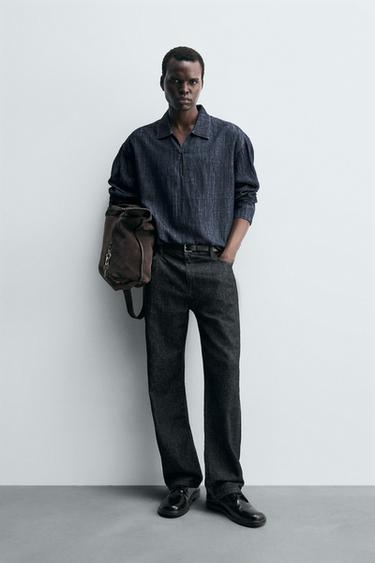 DENIM COTTON/LINEN POLO SHIRT - Mid-blue by Zara - Image 0