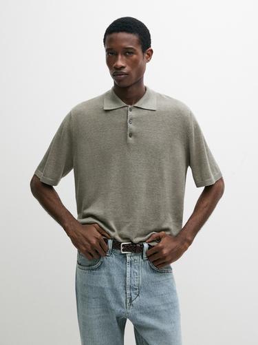 Zara Linen knit polo sweater - Khaki marl
