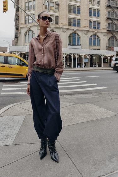 CHEMISE OVERSIZE EN POPELINE À RAYURES - Marron-Bleu de Zara