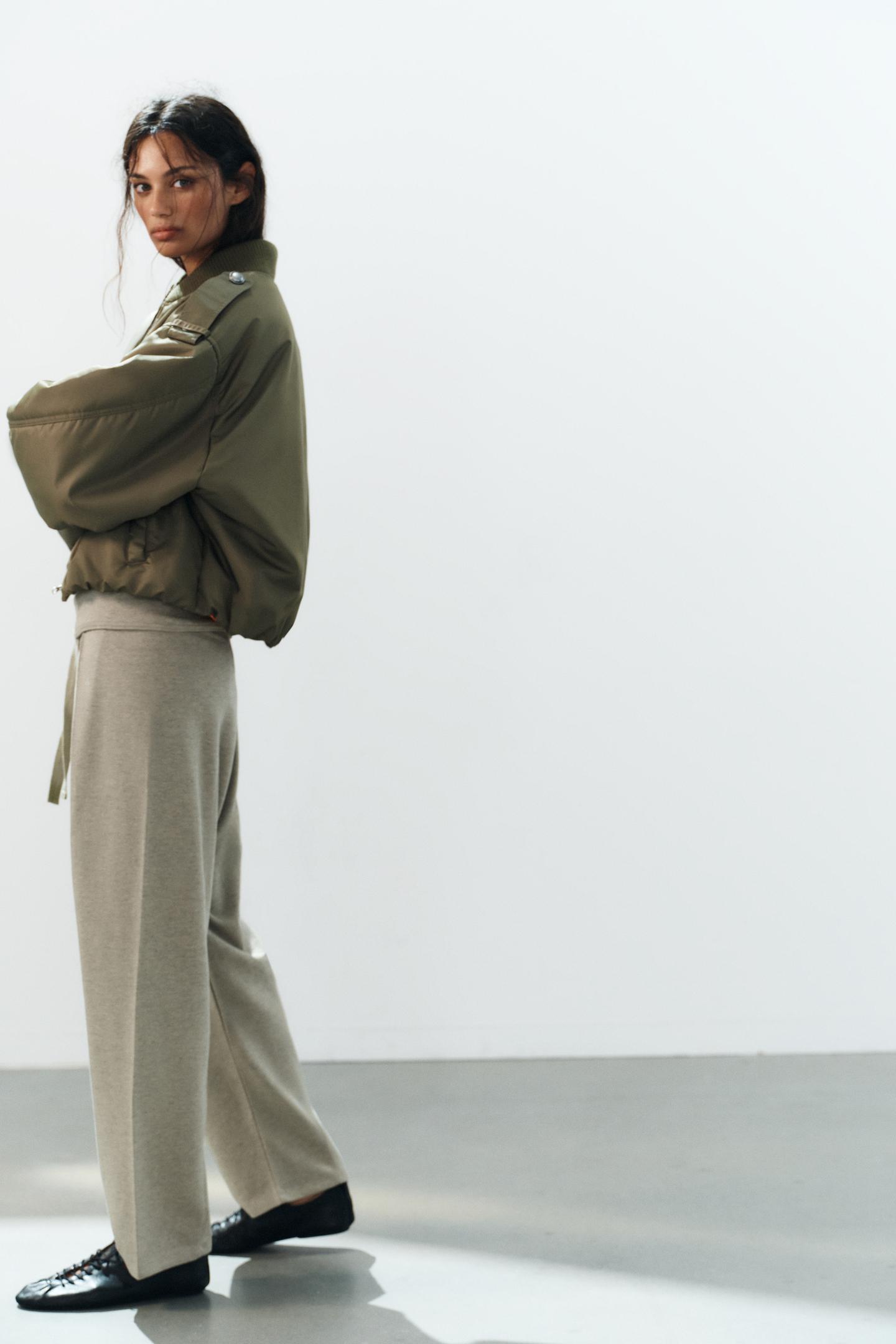Женские брюки Zara Turn-Up Waist Drawstring, цвет: Серый зелёный — фото 3