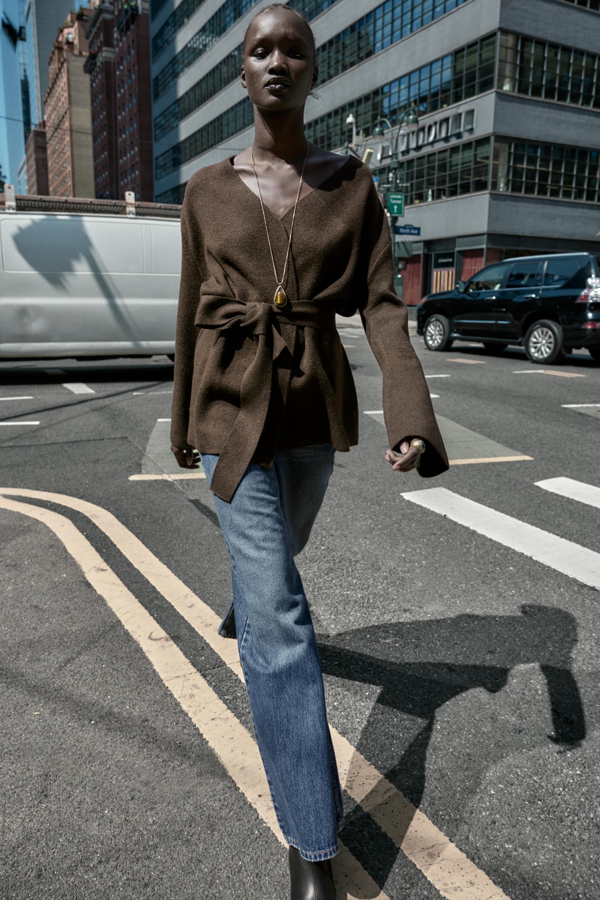 ベルト付きニットカーディガン - ブラウン | ZARA Japan / 日本