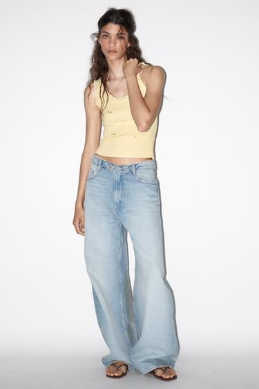 Zara RIBBED BOW LACE TOP - Yellow - Image 0