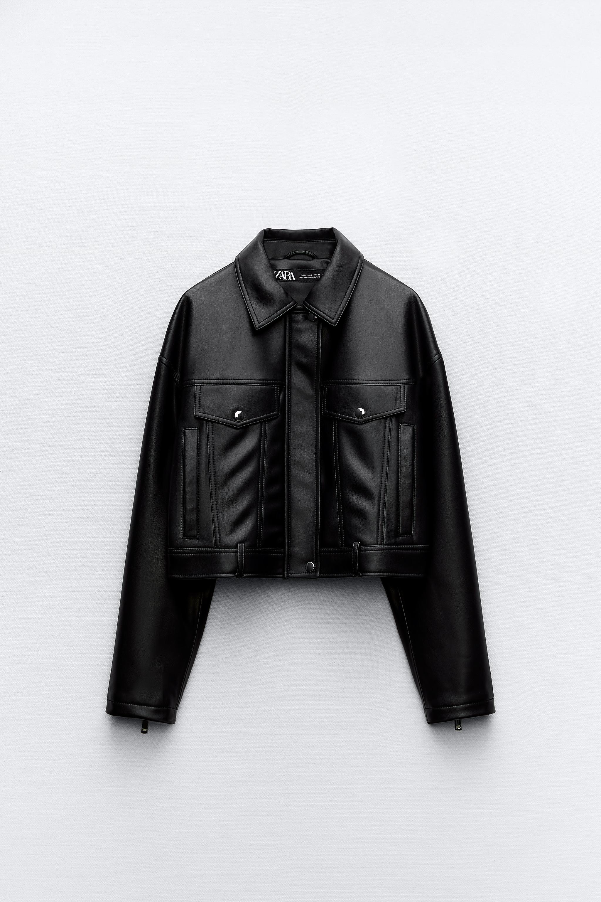 CROPPED FAUX LEATHER JACKET - Black