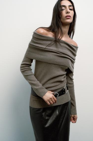 Zara RUCHED STRAPLESS KNIT TOP - Taupe gray