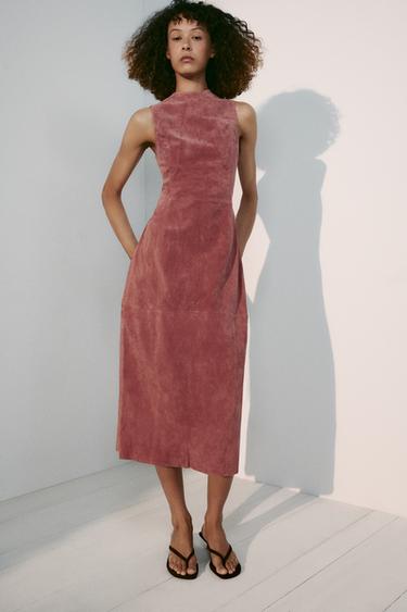 Zara 100% LEATHER MIDI DRESS - Pink