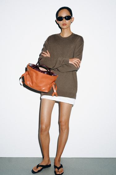 Zara LEATHER FLAP BAG - Beige