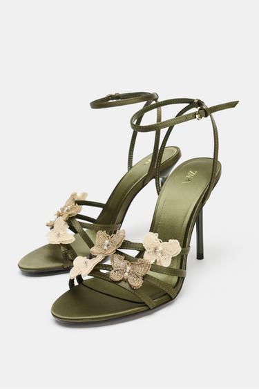 SANDALES EFFET SATINÉ DÉCORS - Vert kaki de Zara - Image 1
