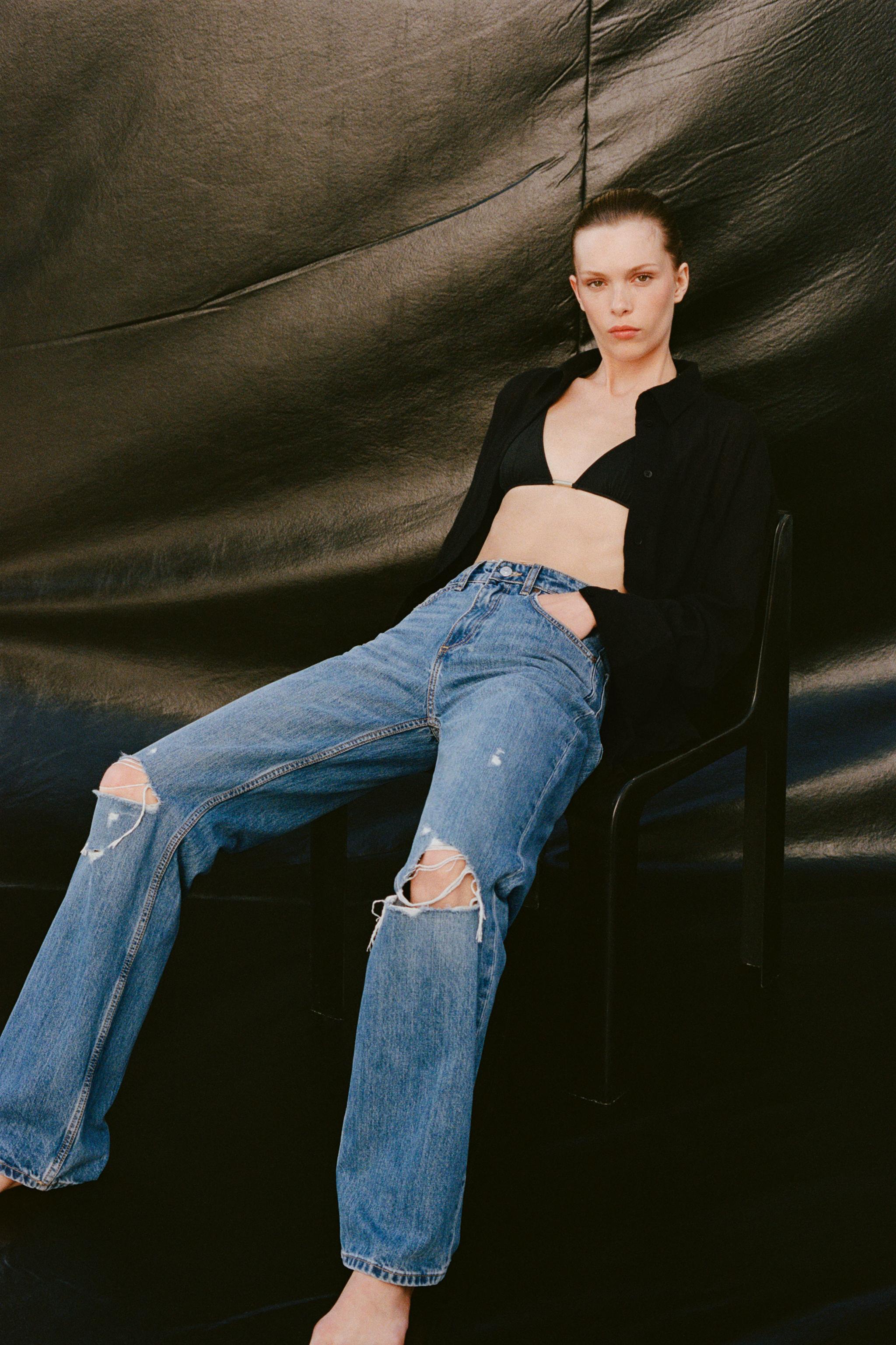 【ZARA】TRF ダメージ加工ワイドレッグ ミッドライズジーンズ ZW COLLECTION WIDE-LEG ハイライズ デニムパンツ - サンド