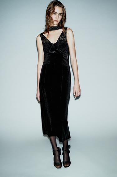 Zara LACE VELVET MIDI DRESS - Black