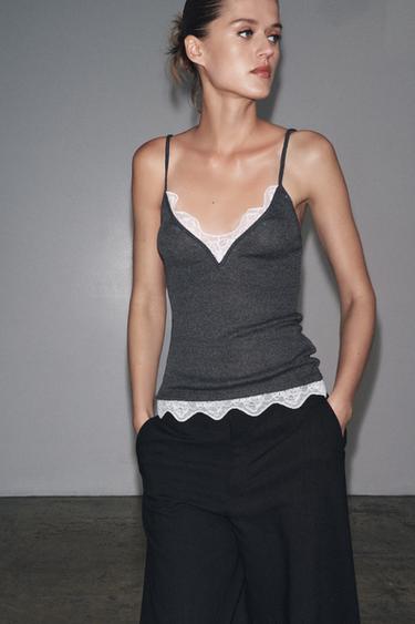 LACE STRAPPY TOP - Grey marl by Zara - Image 0