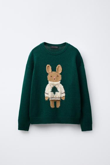Zara EMBROIDERED BUNNY WOOL KNIT JUMPER - Green