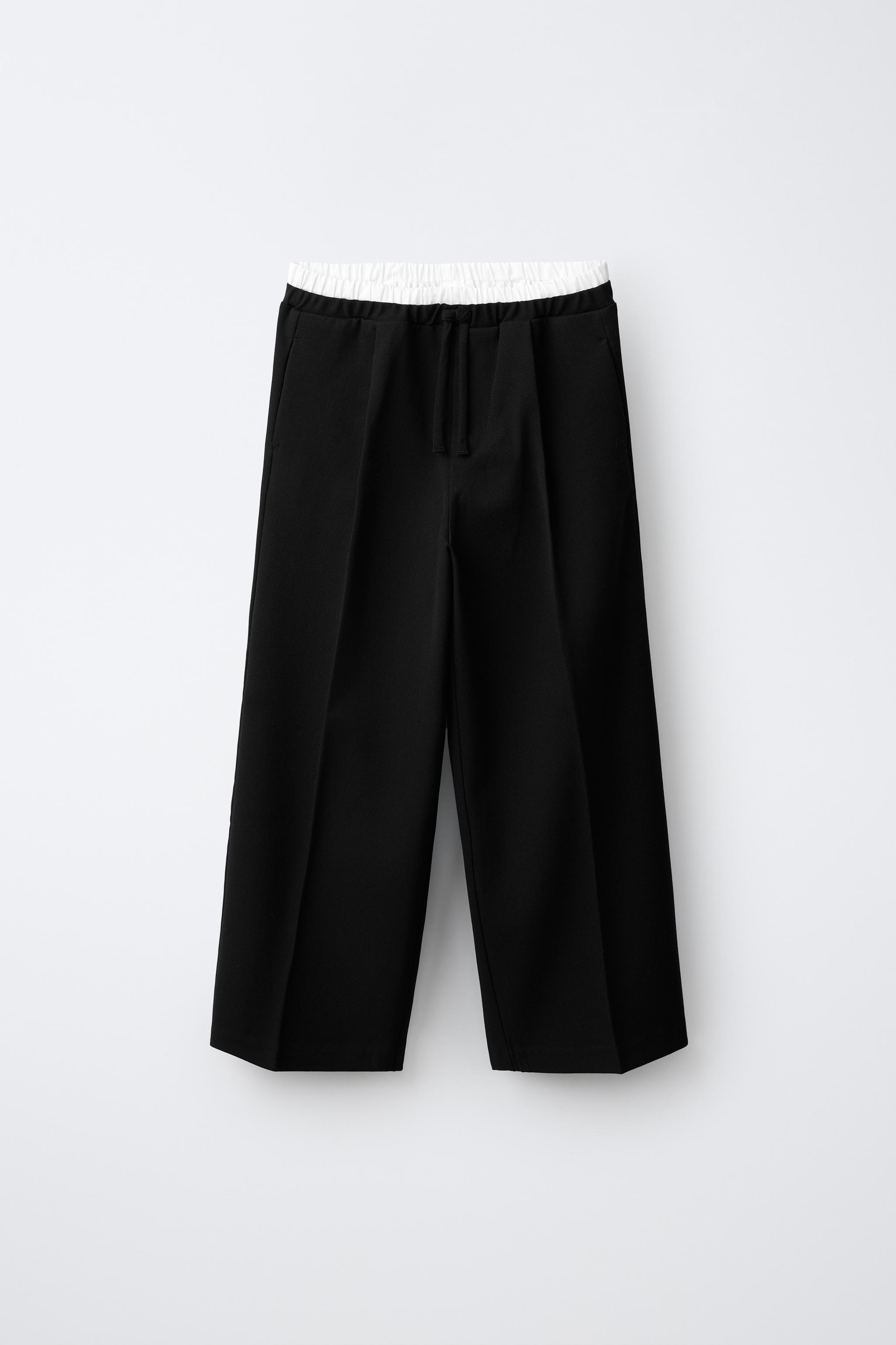 DOUBLE WAISTBAND WIDE LEG PANTS — Black