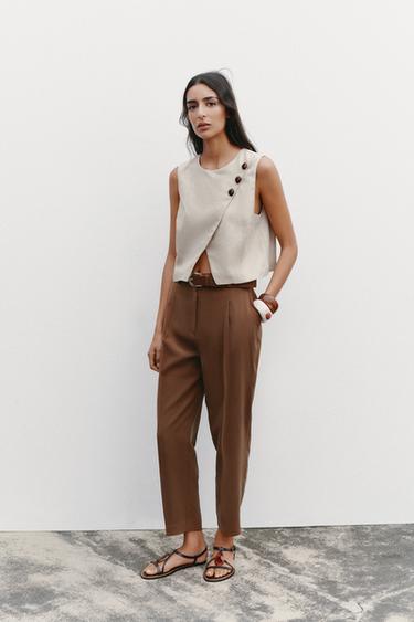 SHORT CROSSOVER LINEN BLEND TOP - Light beige by Zara