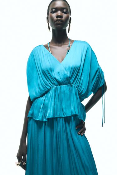 RUCHED SATIN BLOUSE - Duck blue by Zara