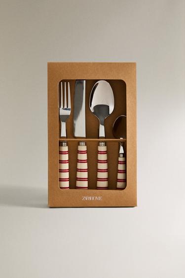 4-PIECE CUTLERY SET WITH STRIPED HANDLE - Red by Zara - Image 3