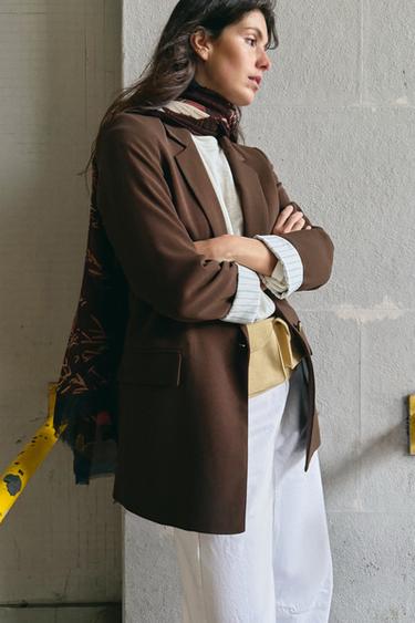 BLAZER WITH ROLLED-UP PRINTED CUFFS - Brown by Zara