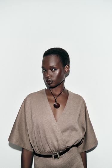 MIDI PIQUÉ DRESS WITH BELT - Light brown by Zara - Image 3