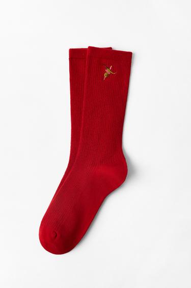 GILDA EMBROIDERED MICRO RIB SOCKS - Red by Zara