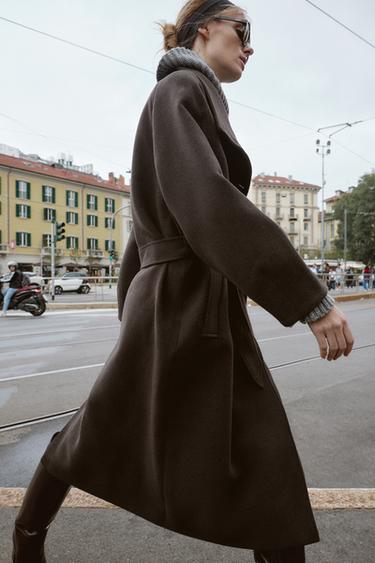 SOFT HIGH-NECK COAT WITH BELT - Brown by Zara