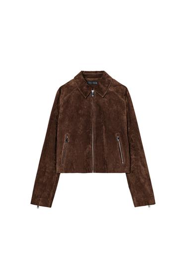 Front view of a brown jacket with a zipper and side pockets with zippers.