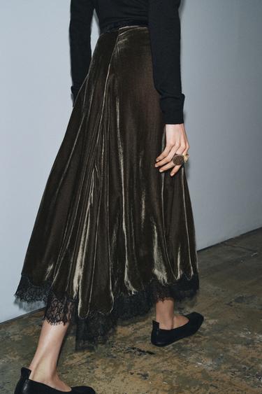 JUPE EN VELOURS ET DENTELLE ZW COLLECTION ÉDITION LIMITÉE - Verdâtre de Zara - Image 2