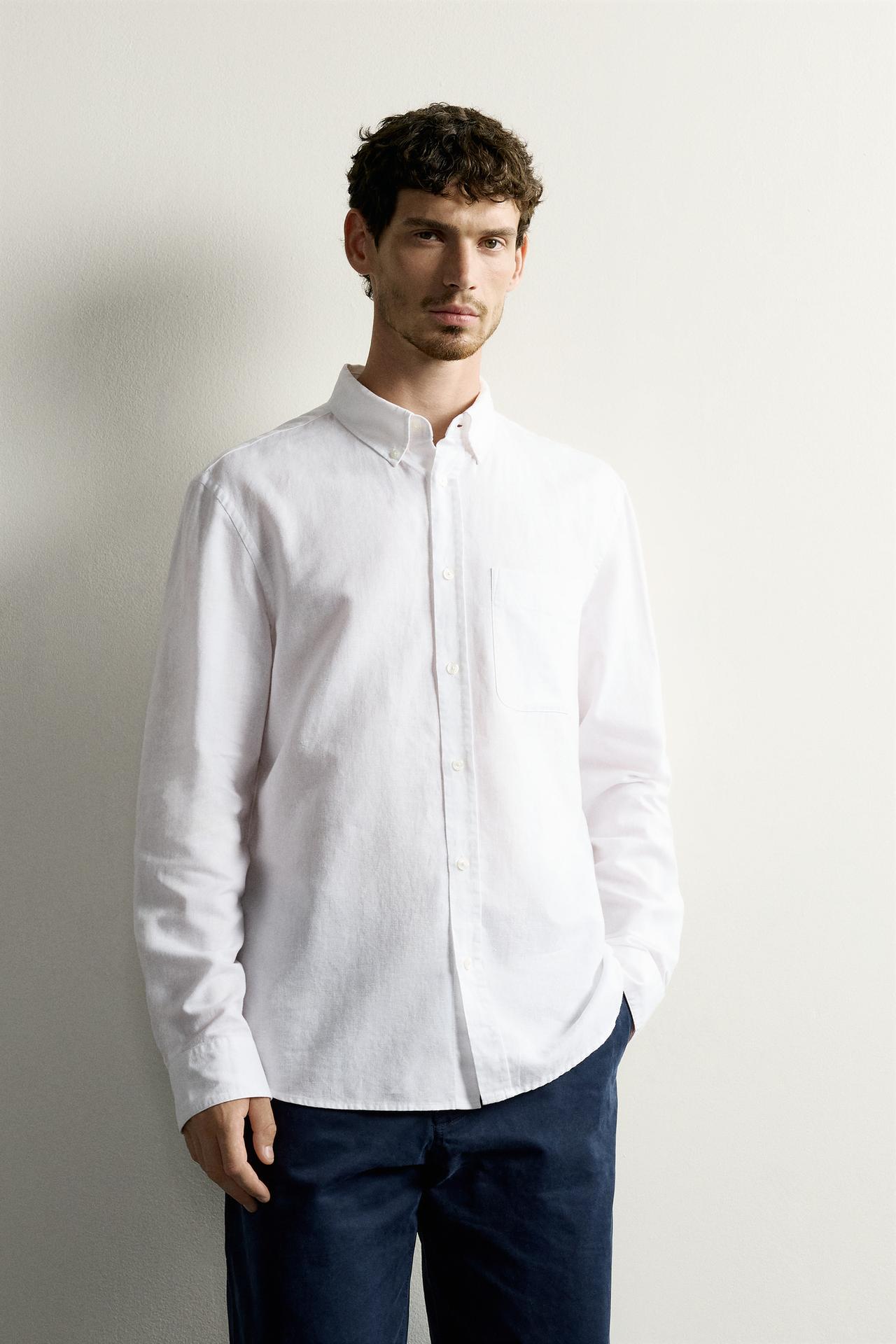 LINEN COTTON BLEND REGULAR FIT SHIRT — White