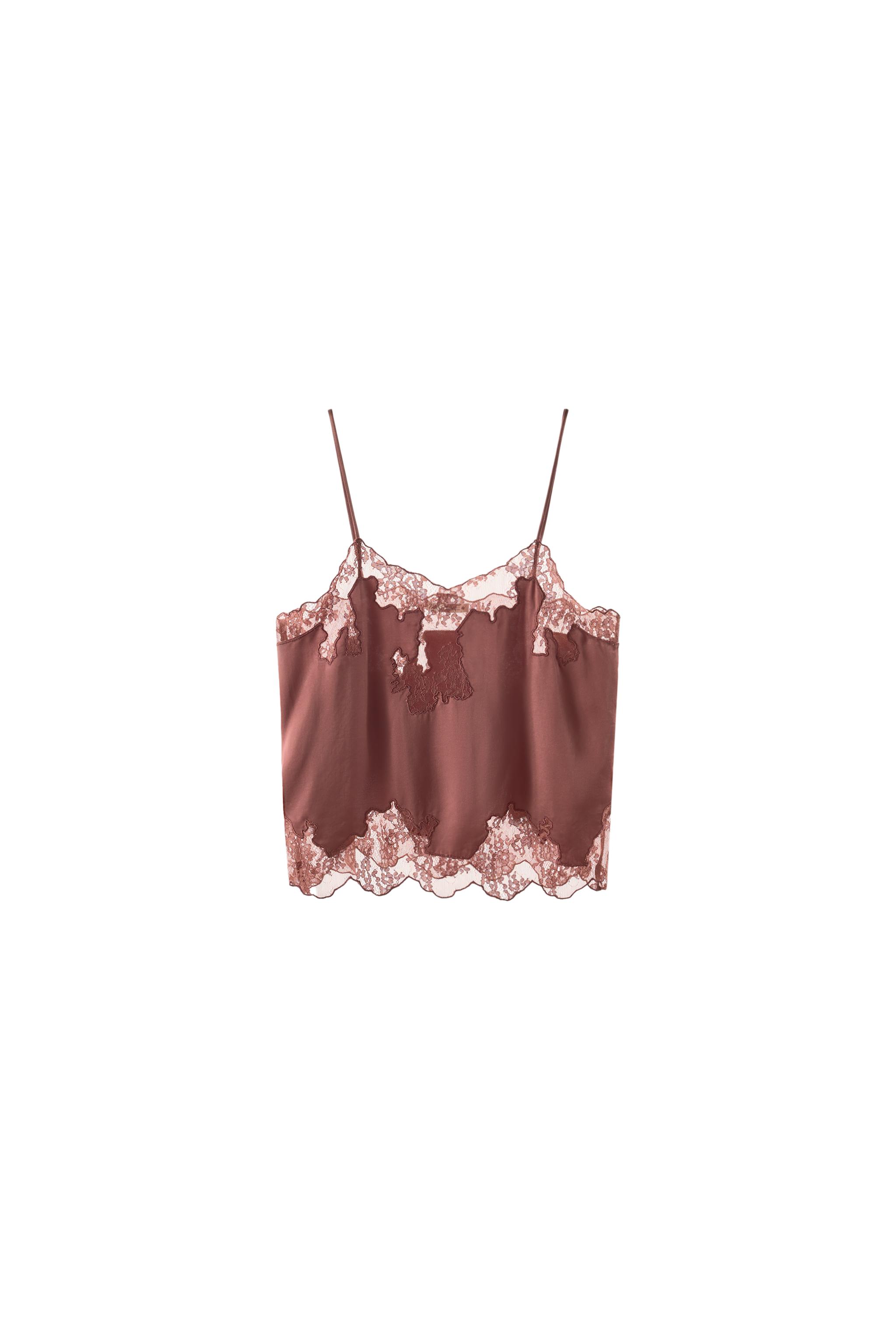 レーストリム サテン地キャミソールトップス - パウダーピンク | ZARA