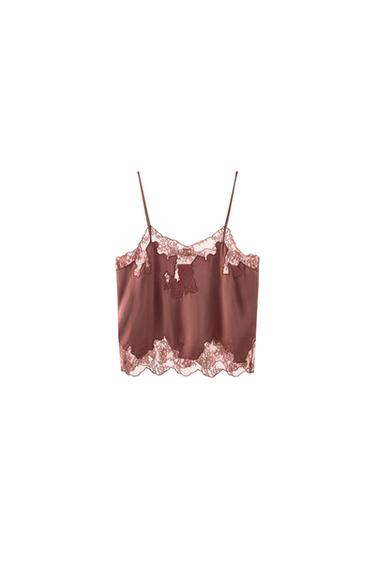 LACE-TRIMMED SATIN CAMISOLE TOP - Dusty pink by Zara