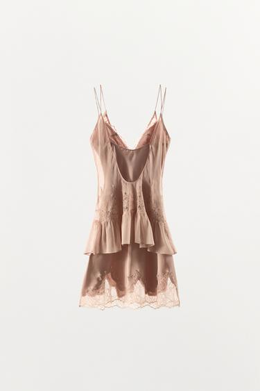 ROBE DOUBLE EN MATIÈRES VARIÉES ET DENTELLE - Rose pâle de Zara - Image 4