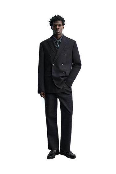 Zara DOUBLE BREASTED 100% WOOL FLANNEL BLAZER - Dark navy