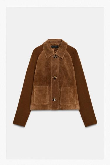 Zara KOMBIRANA PLETENA JAKNA OD 100 % KOŽE – žuto-smeđa