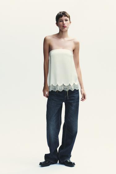 SATIN BANDEAU TOP WITH LACE - Oyster-white by Zara