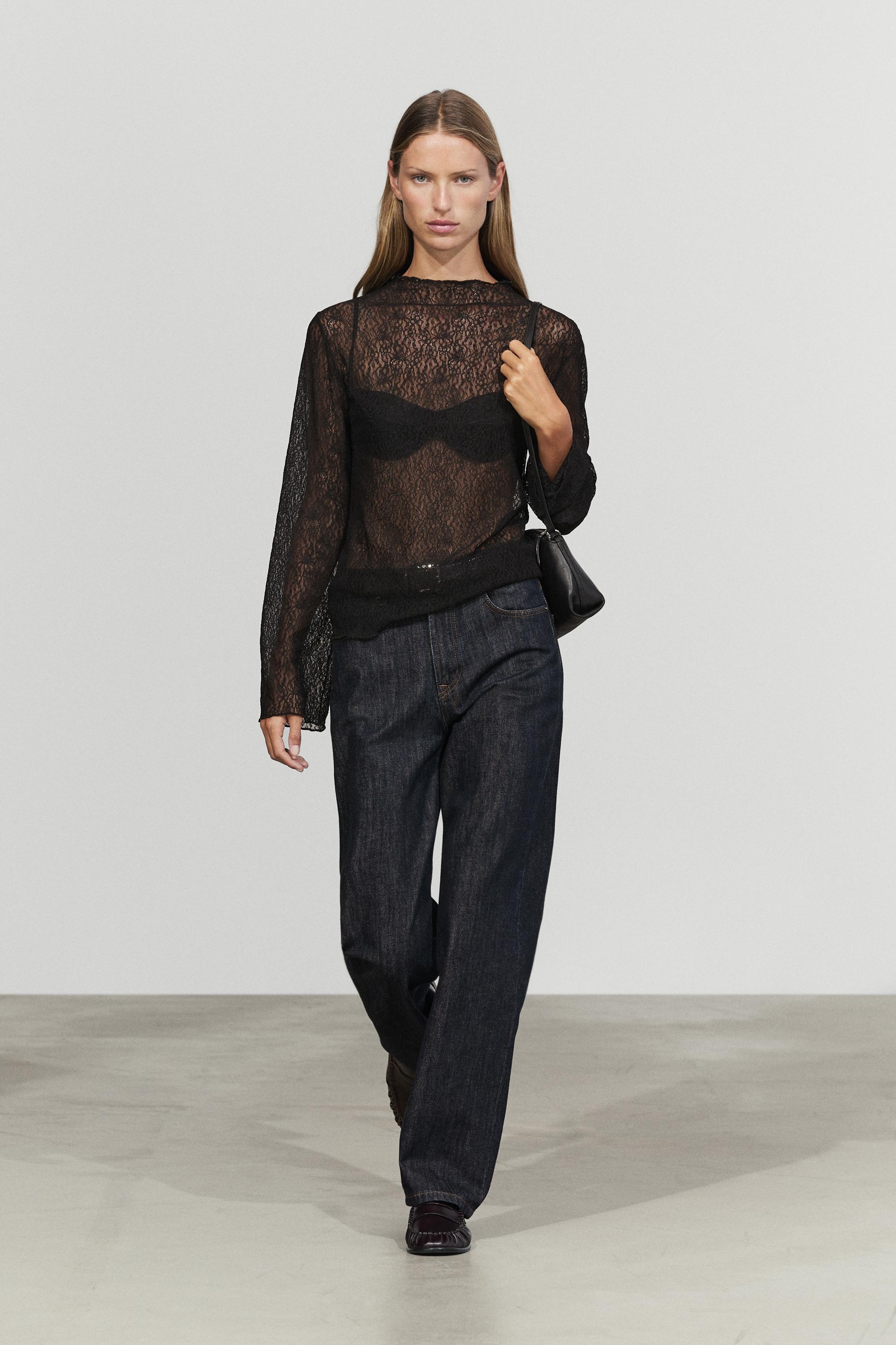 Semi-sheer lace detail T-shirt — Black