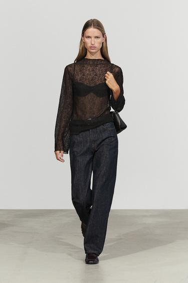 Zara Semi-sheer lace detail T-shirt - Black - Image 0