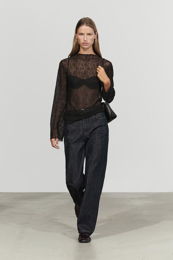 Zara Semi-sheer lace detail T-shirt - Black - Image 0