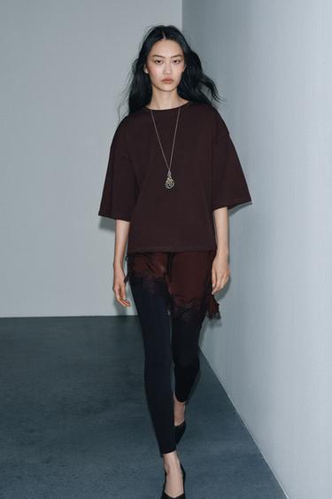 T-SHIRT BIMATIÈRE DENTELLE - Chocolat de Zara