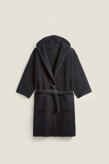 Zara COTTON WAFFLE-KNIT BATHROBE - Black