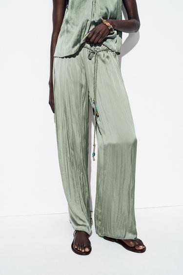 PANTALON SATINÉ CEINTURE LACET - Vert moyen de Zara - Image 1