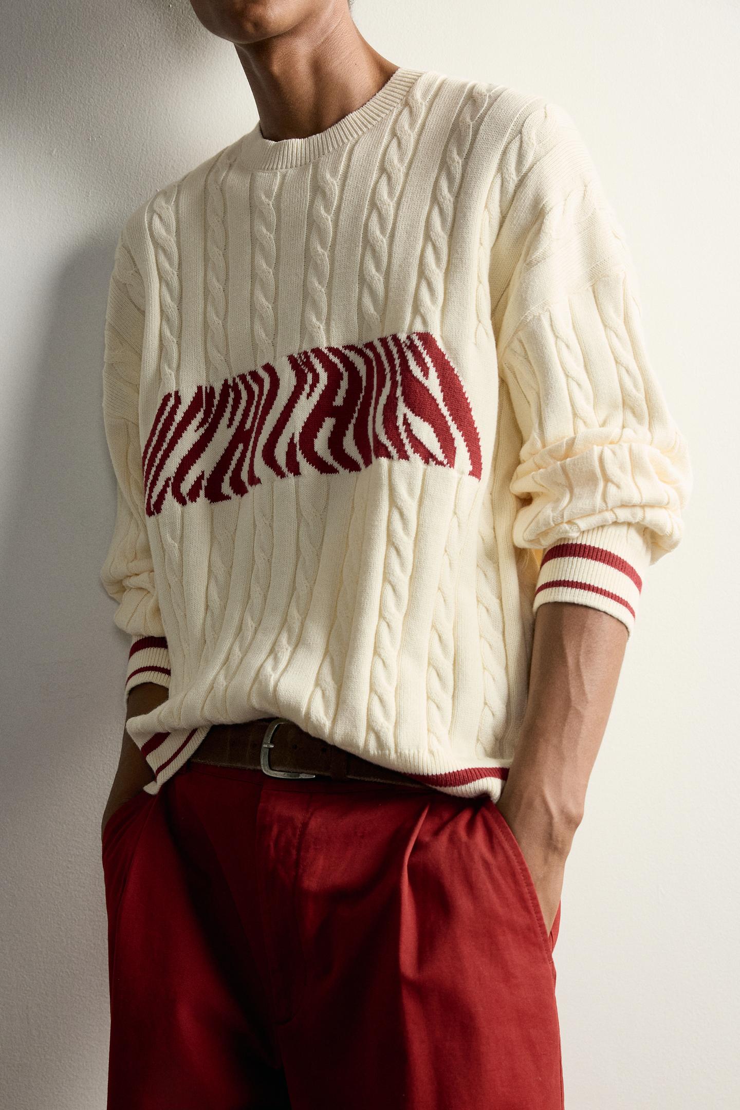 Мужской свитер Zara Cable Knit Sweater with Contrast Text, цвет: Устричный белый — фото 6