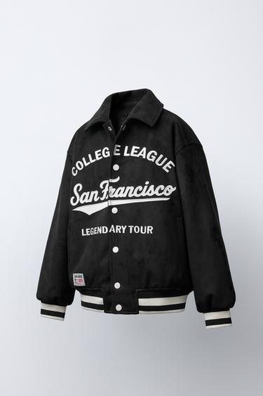 BLOUSON BOMBER EFFET DAIM À INSCRIPTION BRODÉE - Noir de Zara - Image 1