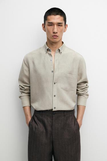 Zara Flowing regular fit lyocell-linen shirt - Green